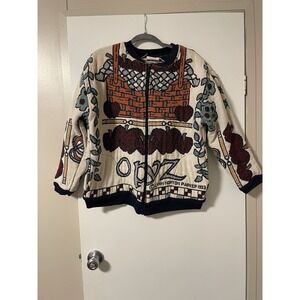 Vtg. Tapestry Woven Full Zip Coat Teacher Grandma Jacket School Apples Alphabet